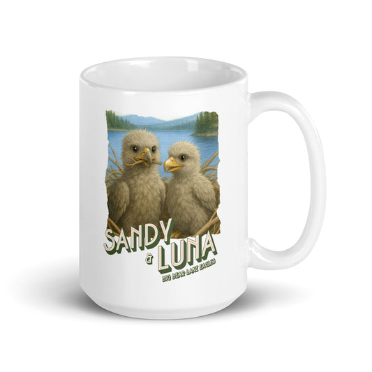White mug with eagles design of Big Bear Valley's Sandy and Luna text on a white background