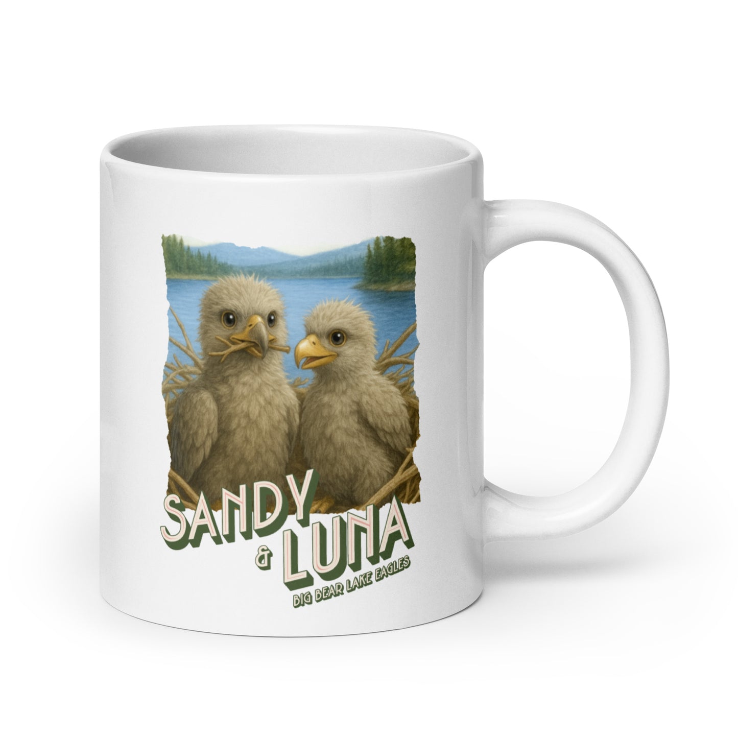 White mug with eagles design of Big Bear Valley's Sandy and Luna text on a white background