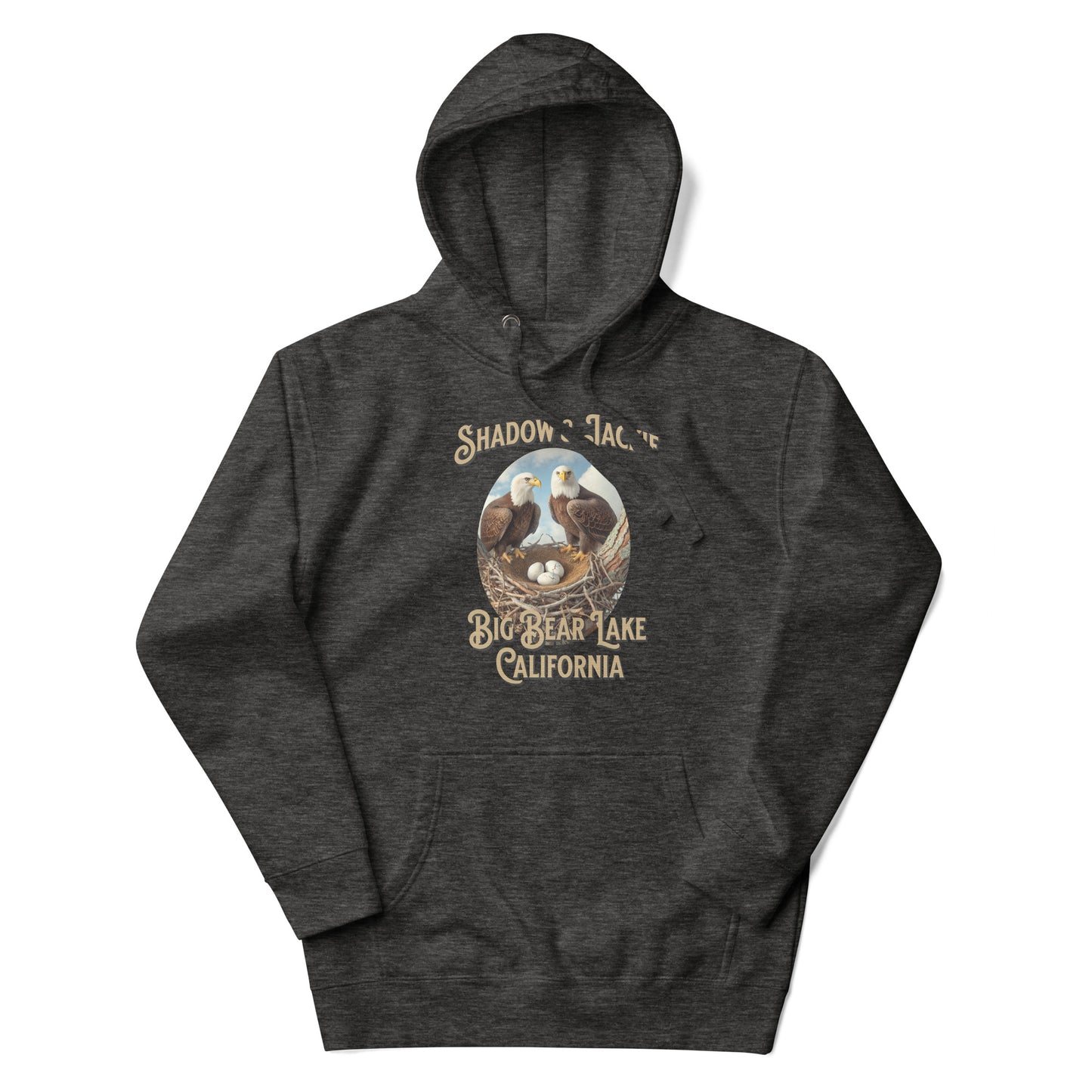 Classic hoodie featuring Jackie and Shadow, the iconic bald eagle pair from Big Bear Lake, with a cozy fit, front pouch pocket, and warm hood—perfect for birdwatchers and eagle fans.