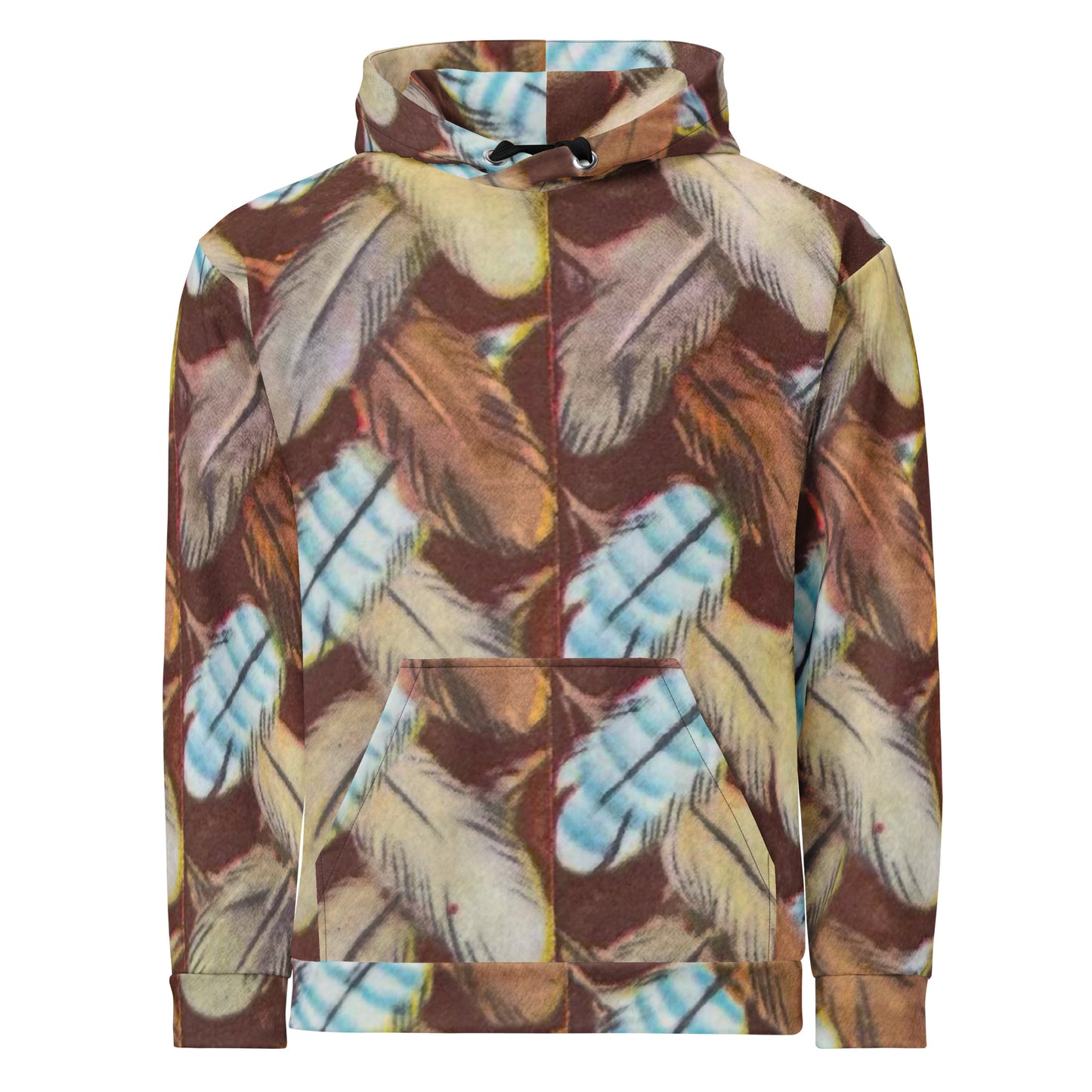 Feather Mark unisex hoodie with all-over feather design, soft fleece interior, inspired by Jackie, Shadow, Sunny, and Gizmo from Big Bear Valley.
