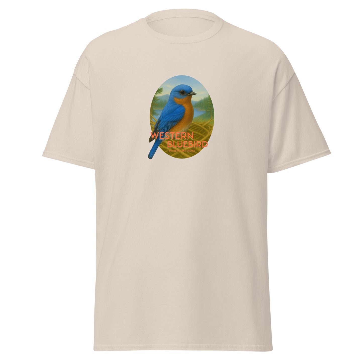 Beige t-shirt with a graphic of a blue bird and 'Western Bluebird' text, perched on a branch near Jackie and Shadow’s nest in Big Bear Lake, California