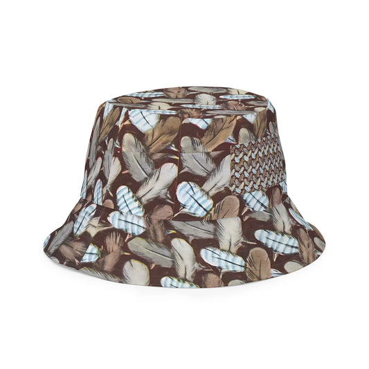 Bucket hat featuring Feather Mark logo on one side and a bold eagle-inspired print on the other, honoring Jackie and Shadow of Big Bear Lake