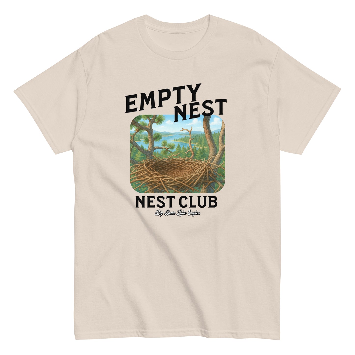 Empty Nest Club T-shirt featuring a graphic of an empty eagle’s nest with the phrase 'Empty Nest Nest Club'—a cozy tribute to life after the eaglets have flown. Perfect for bird lovers and Big Bear Lake eagle fans