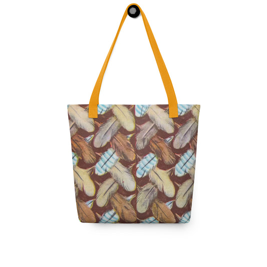 All-over print feather logo tote bag featuring a repeating feather pattern, ideal for birdwatching, travel, and everyday use – lightweight, spacious, and stylish for nature lovers and Big Bear adventurers.