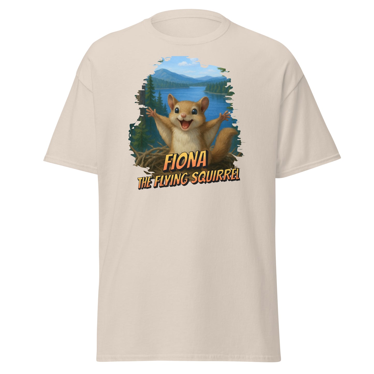 Unisex classic cotton tee shirt featuring Fiona the Flying Squirrel in mid-glide — playful woodland design inspired by Big Bear Lake wildlife, perfect for outdoor lovers and nature fans.