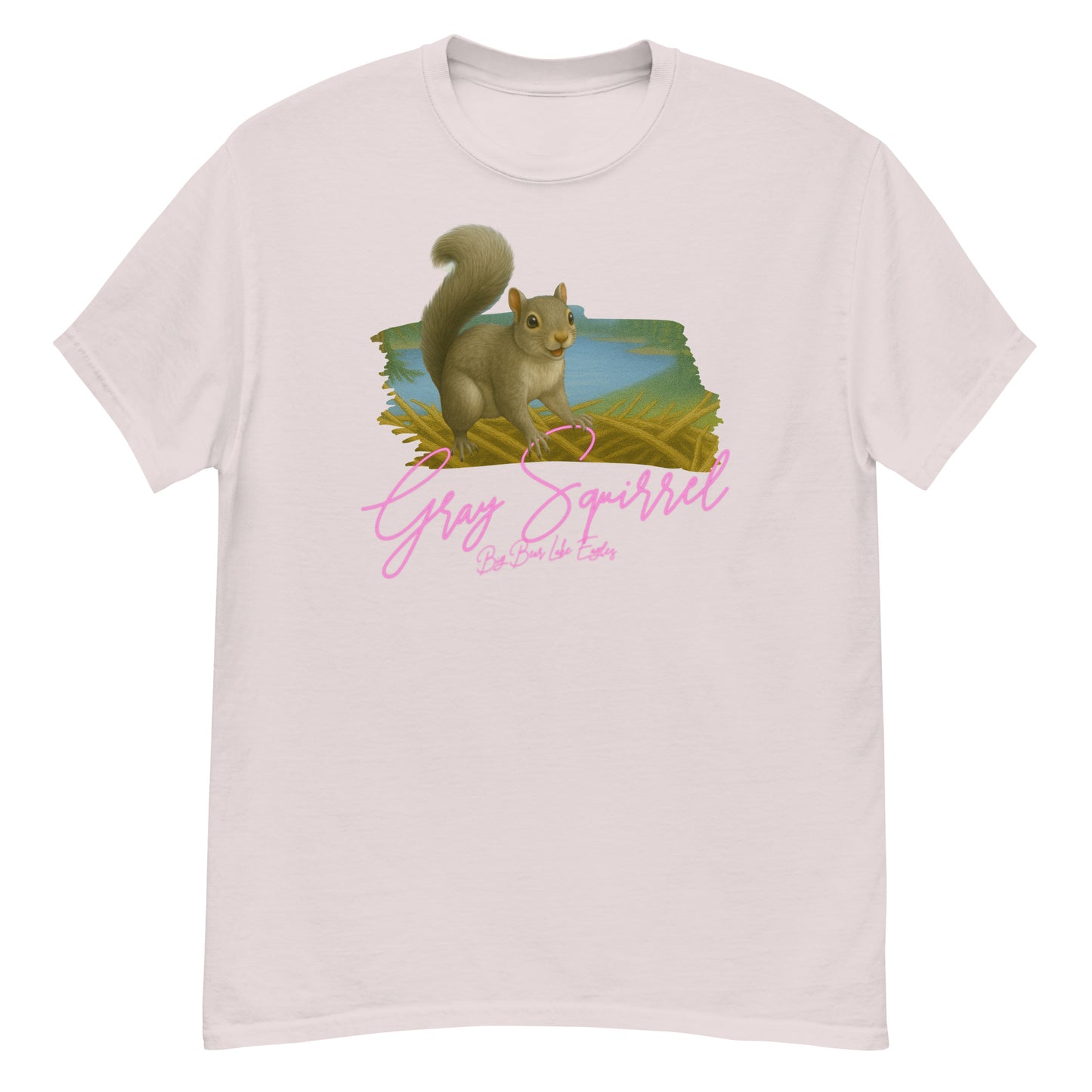 Gray squirrel sitting upright with curled tail, illustrated on a cozy T-shirt from the Big Bear Lake Eagles Nest Visitors wildlife collection.