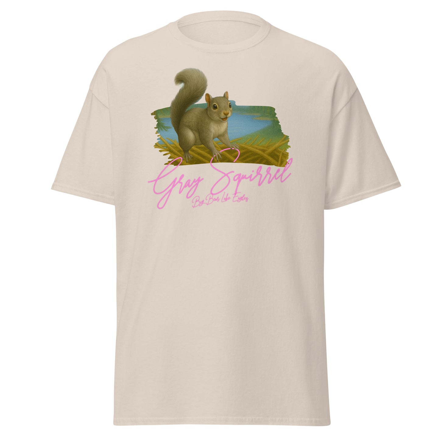 Gray squirrel sitting upright with curled tail, illustrated on a cozy T-shirt from the Big Bear Lake Eagles Nest Visitors wildlife collection.