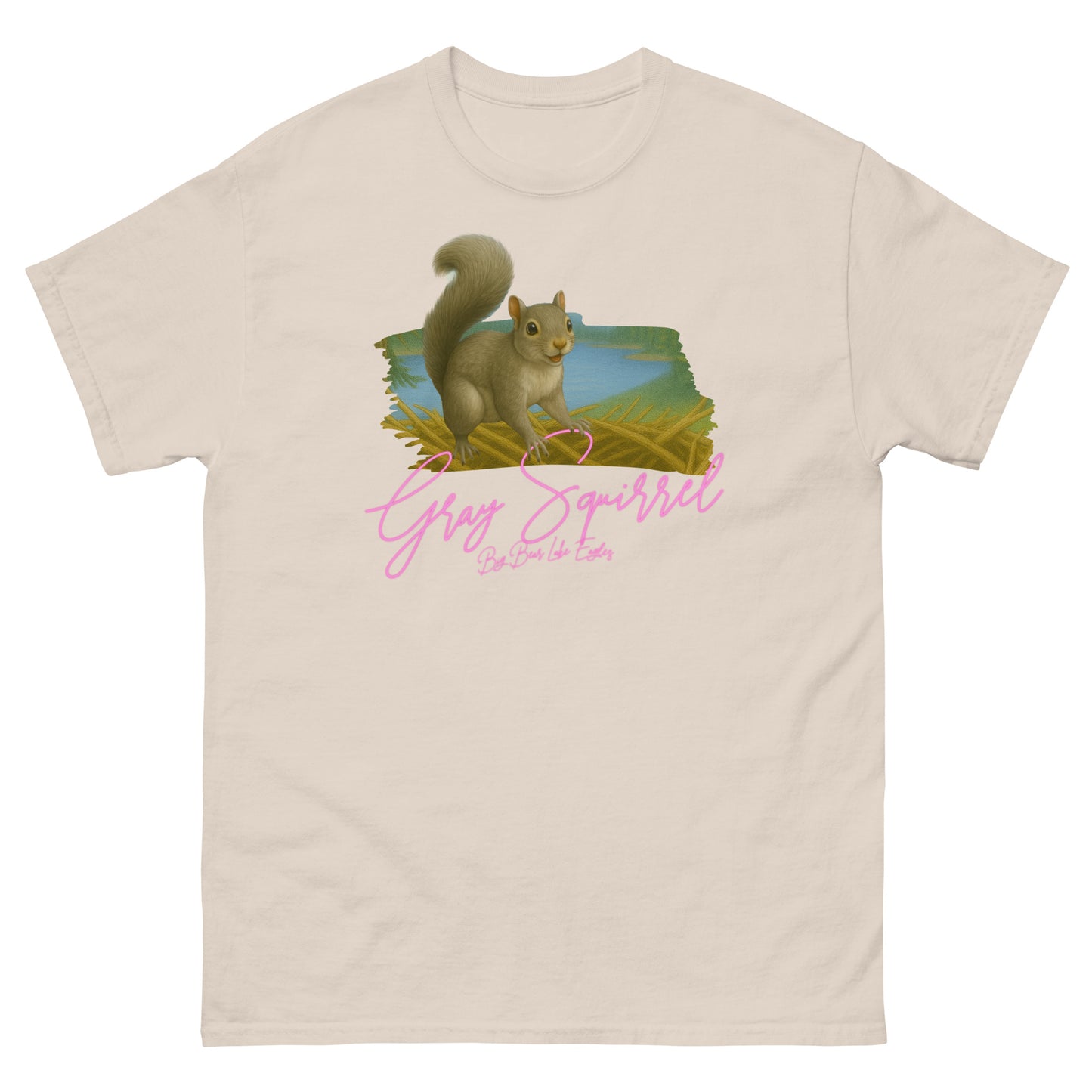 Gray squirrel sitting upright with curled tail, illustrated on a cozy T-shirt from the Big Bear Lake Eagles Nest Visitors wildlife collection.