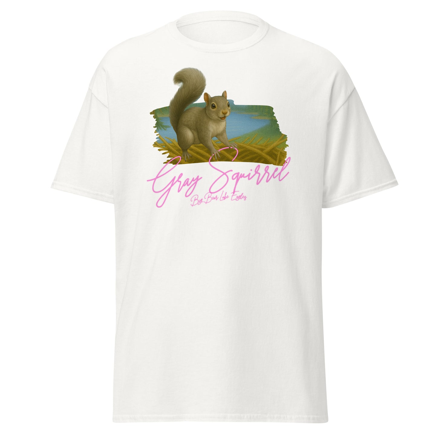 Gray squirrel sitting upright with curled tail, illustrated on a cozy T-shirt from the Big Bear Lake Eagles Nest Visitors wildlife collection.