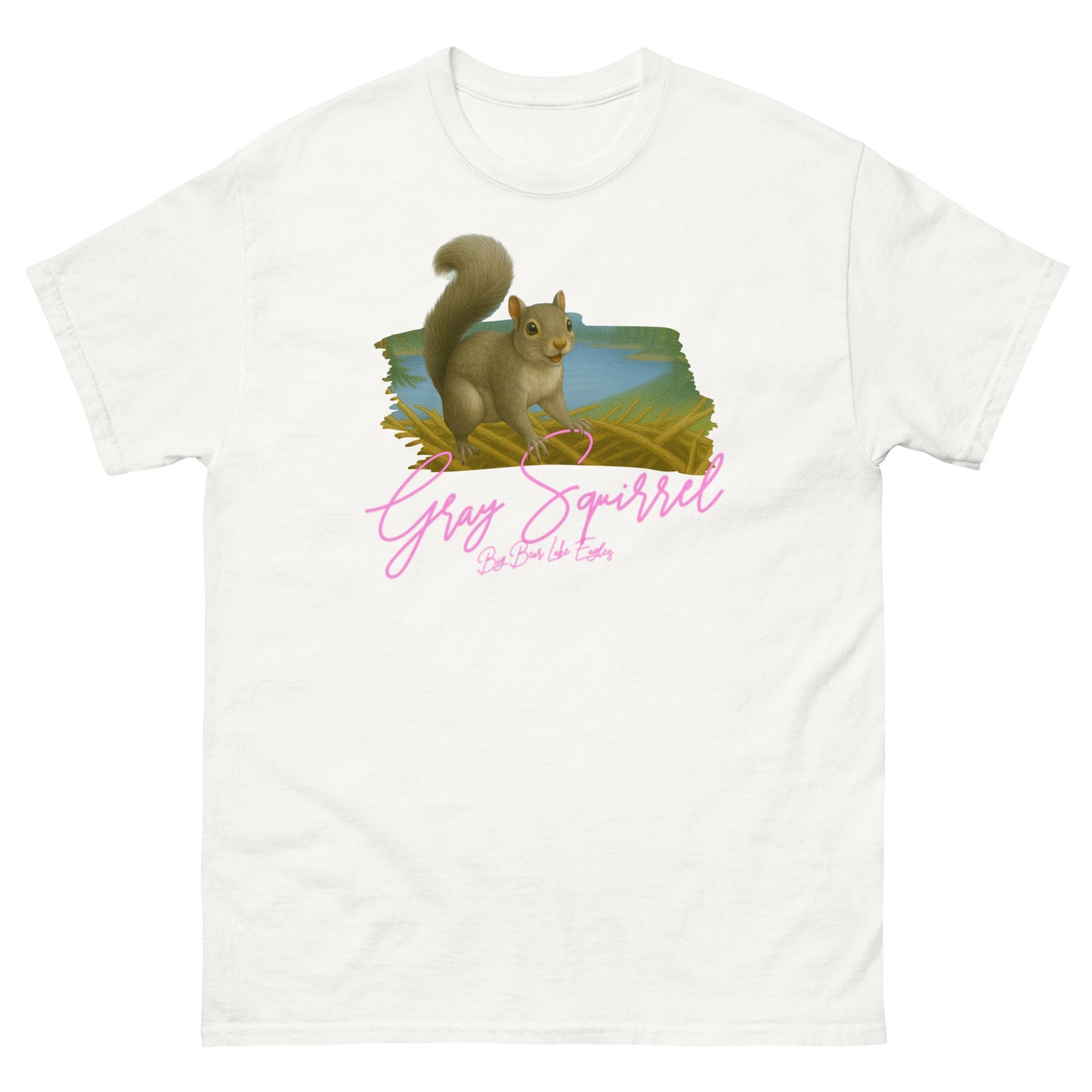Gray squirrel sitting upright with curled tail, illustrated on a cozy T-shirt from the Big Bear Lake Eagles Nest Visitors wildlife collection.