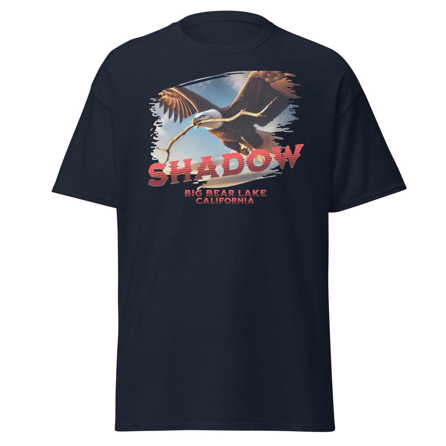 Shadow with Stick Classic T Shirt in deep navy, featuring silhouette eagle artwork holding a stick — ideal for eagle watchers and Big Bear Lake nature lovers seeking a bold, timeless look.