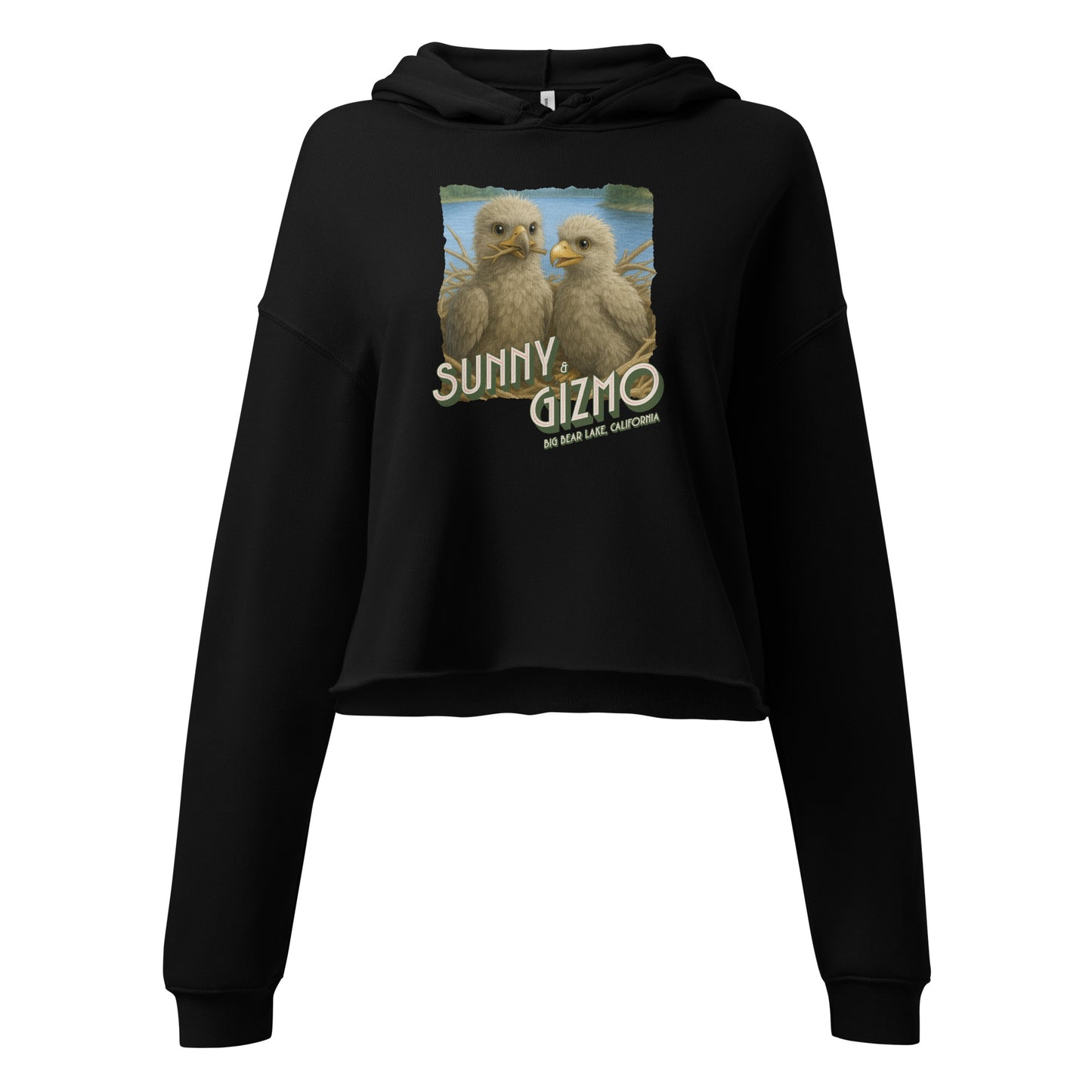 Crop hoodie featuring artwork of Sunny and Gizmo, Big Bear Lake’s beloved eaglets, with a raw hem and matching drawstrings—perfect for cozy, casual eagle fans