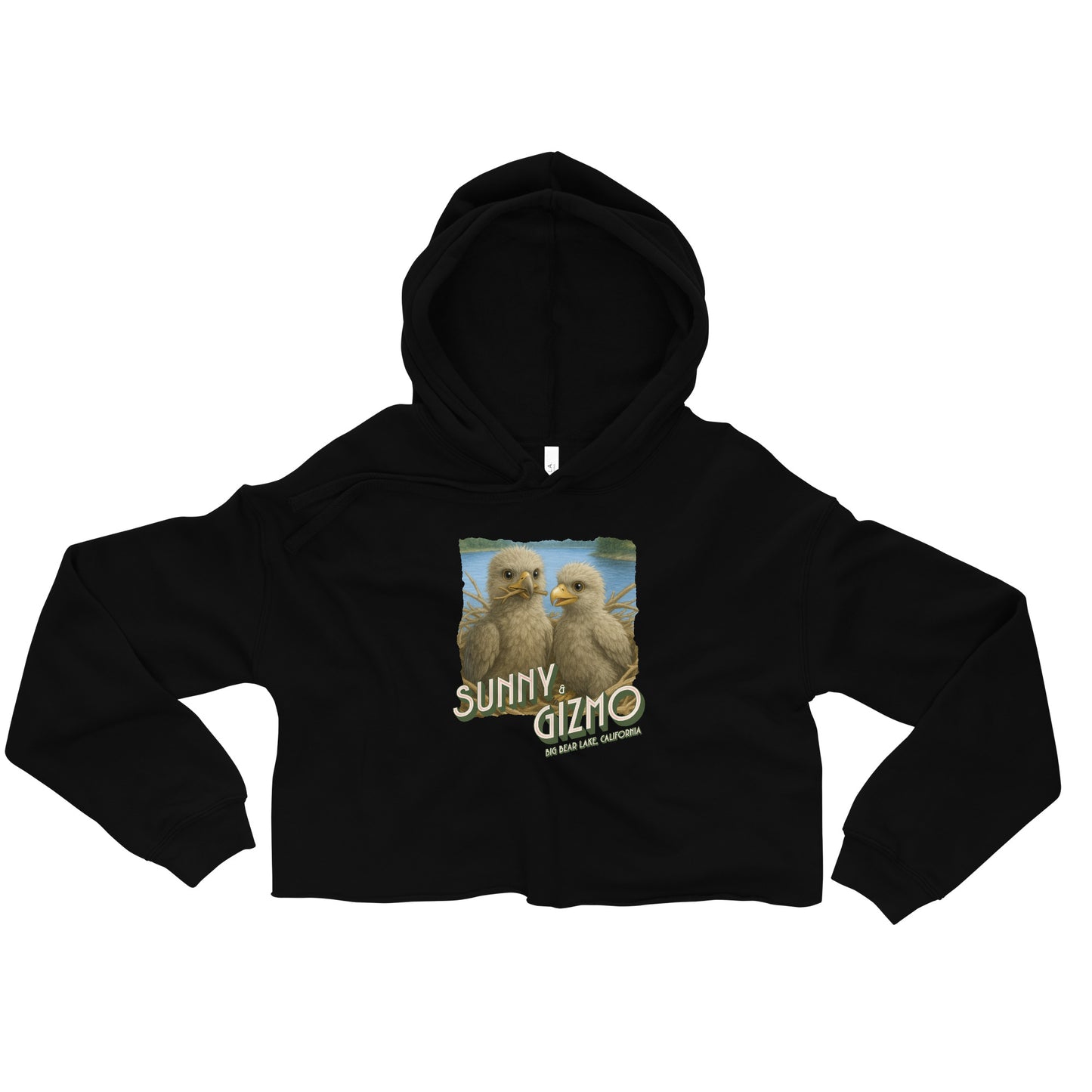 Crop hoodie featuring artwork of Sunny and Gizmo, Big Bear Lake’s beloved eaglets, with a raw hem and matching drawstrings—perfect for cozy, casual eagle fans