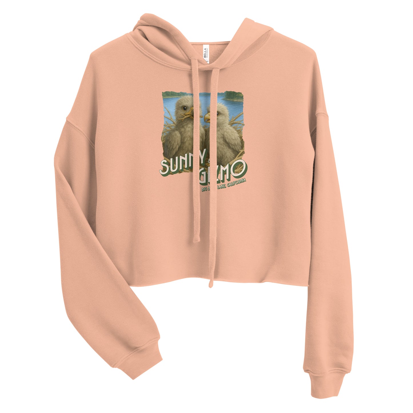Crop hoodie featuring artwork of Sunny and Gizmo, Big Bear Lake’s beloved eaglets, with a raw hem and matching drawstrings—perfect for cozy, casual eagle fans