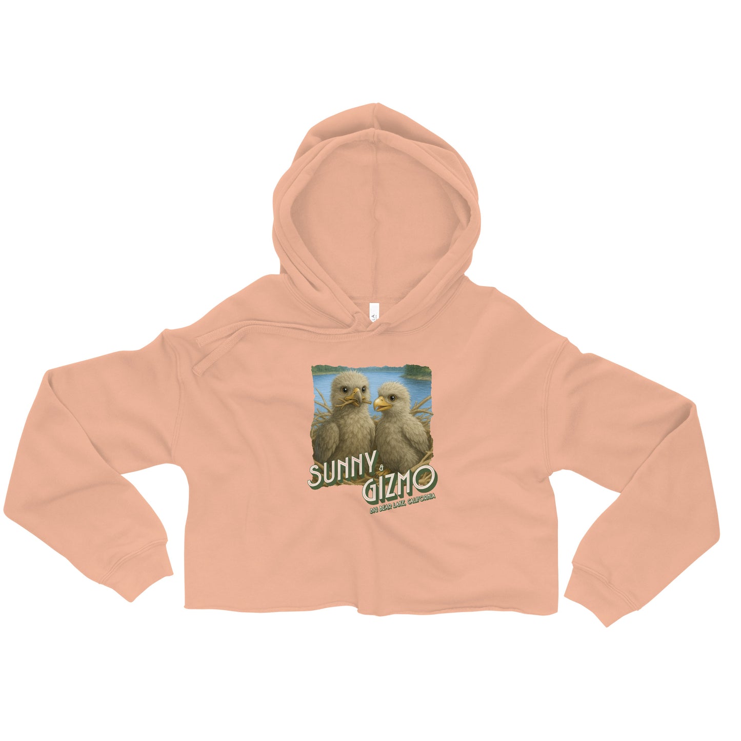 Crop hoodie featuring artwork of Sunny and Gizmo, Big Bear Lake’s beloved eaglets, with a raw hem and matching drawstrings—perfect for cozy, casual eagle fans
