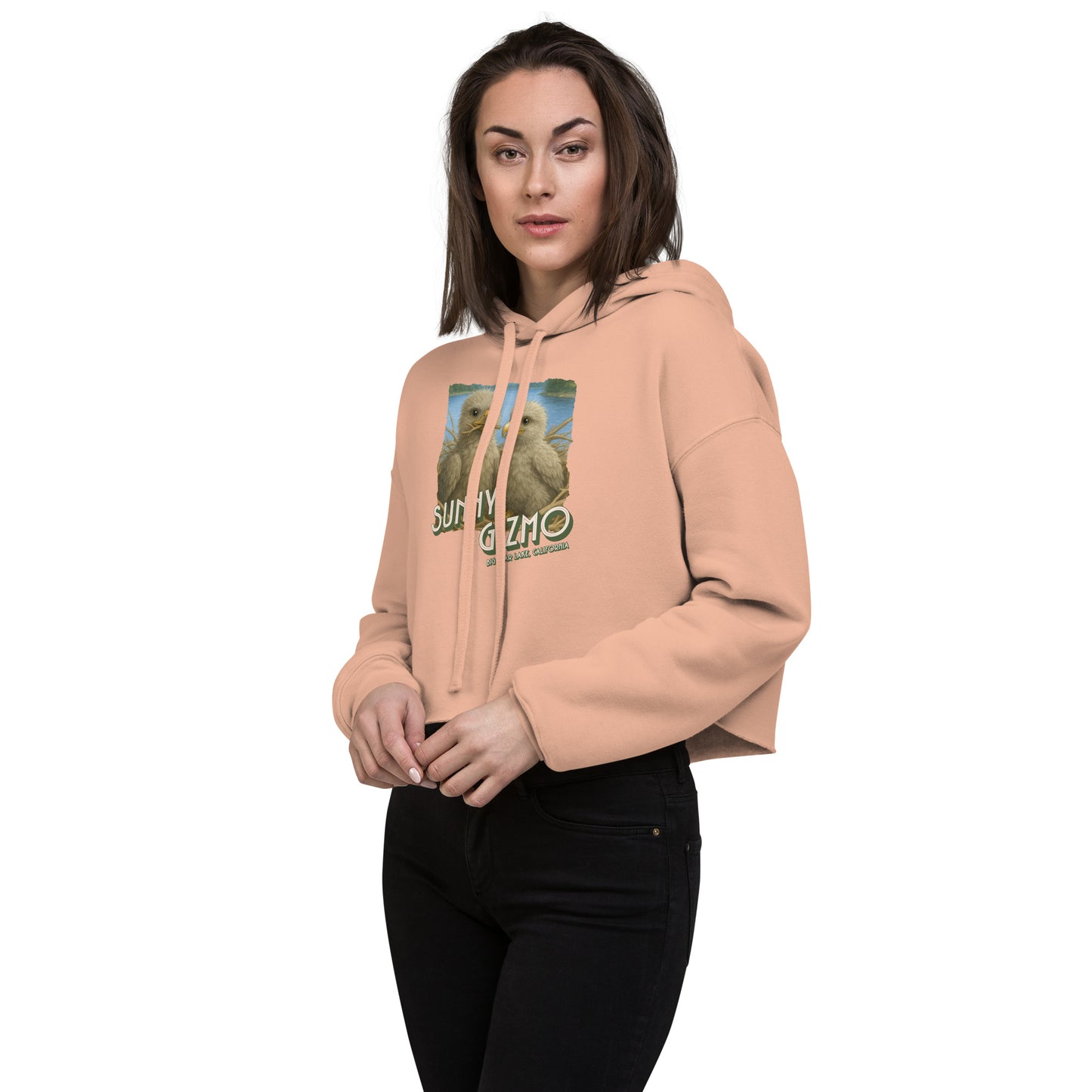 Crop hoodie featuring artwork of Sunny and Gizmo, Big Bear Lake’s beloved eaglets, with a raw hem and matching drawstrings—perfect for cozy, casual eagle fans