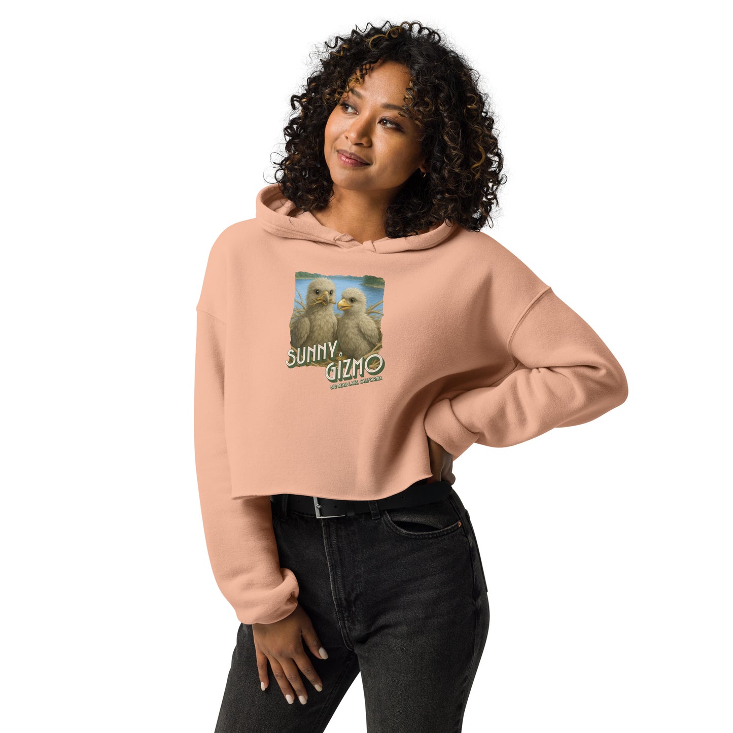 Crop hoodie featuring artwork of Sunny and Gizmo, Big Bear Lake’s beloved eaglets, with a raw hem and matching drawstrings—perfect for cozy, casual eagle fans