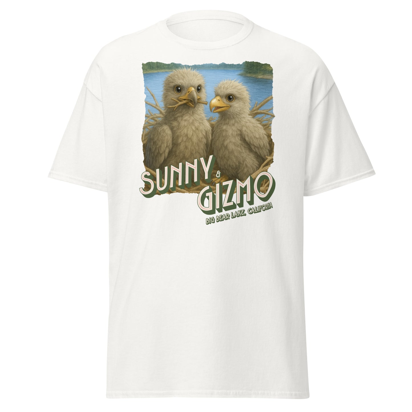 Sunny and Gizmo T-Shirt featuring Big Bear Lake’s beloved eaglets printed on a 100% cotton unisex classic tee — soft, structured fit ideal for bird lovers and eagle cam fans