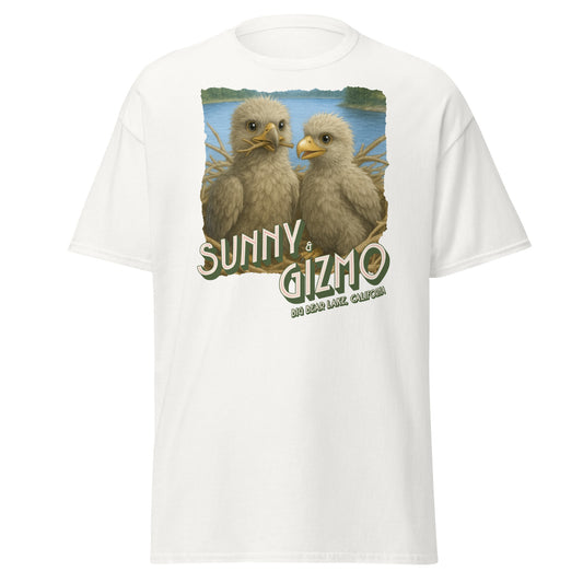 Sunny and Gizmo T-Shirt featuring Big Bear Lake’s beloved eaglets printed on a 100% cotton unisex classic tee — soft, structured fit ideal for bird lovers and eagle cam fans