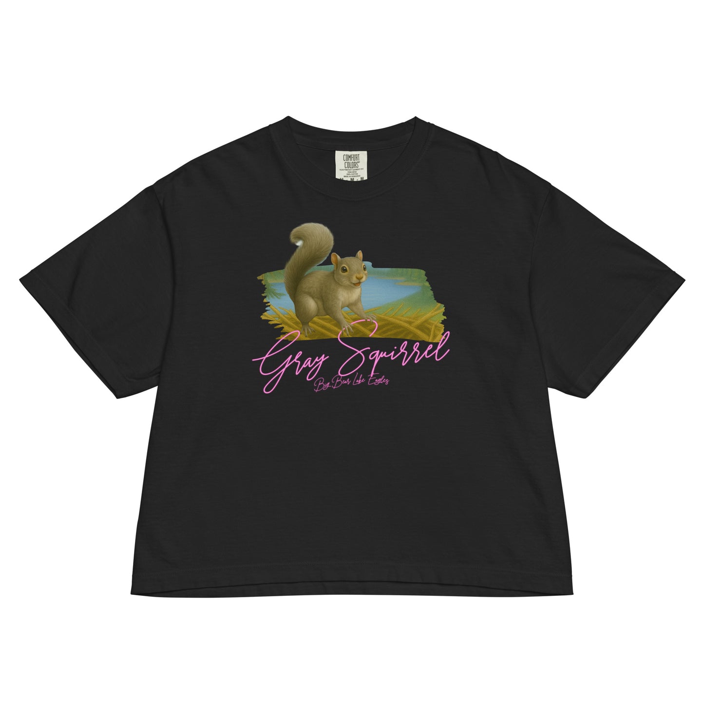 Gray squirrel sitting upright with curled tail, illustrated on a cozy boxy Tee shirt from the Big Bear Lake Eagles Nest Visitors wildlife collection.