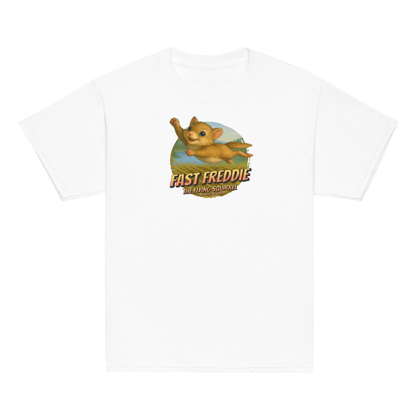 Youth t-shirt featuring Flying Freddie the squirrel soaring above Jackie and Shadow’s nest in Big Bear Valley, on a white background.