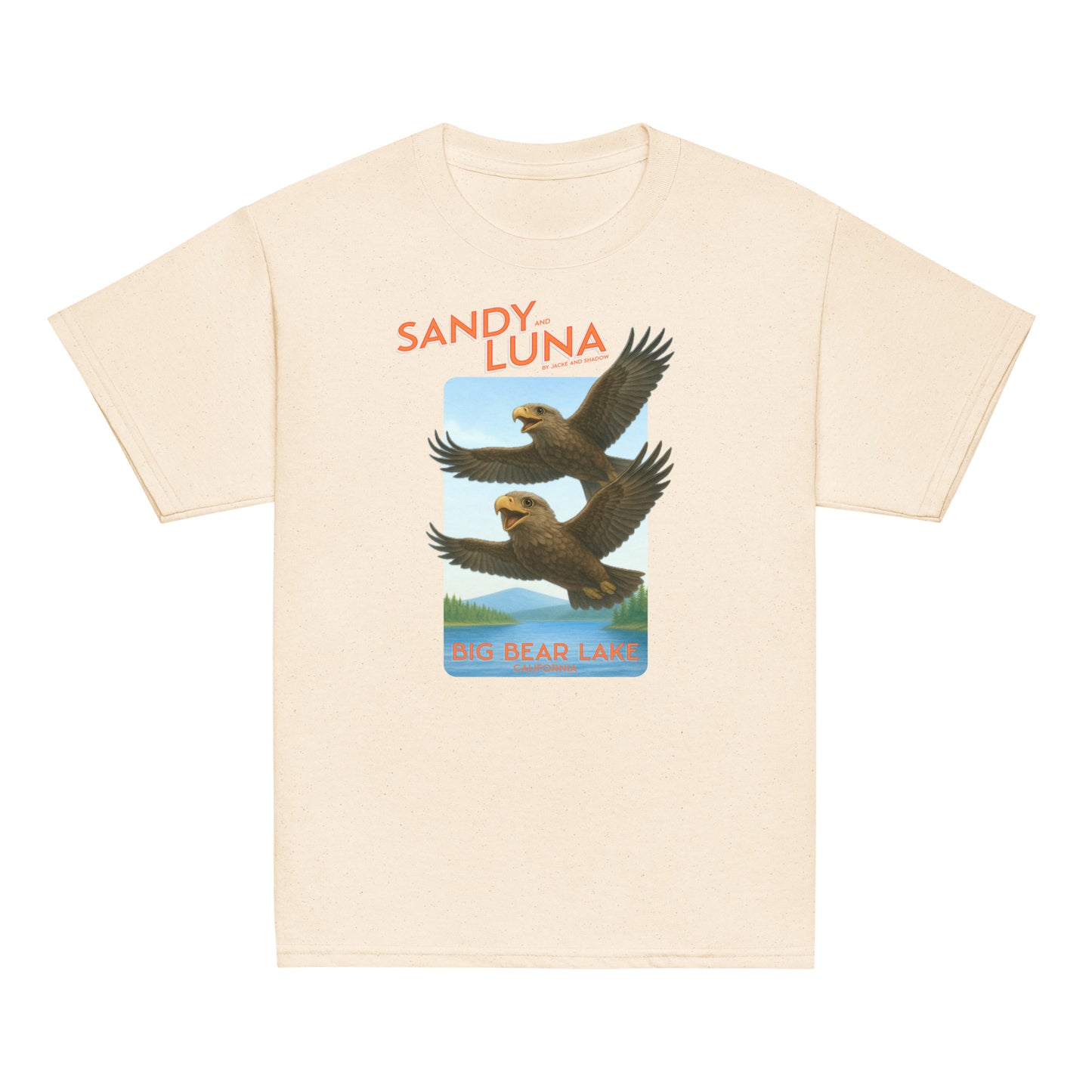 Beige t-shirt with eagle graphic and 'Sandy Luna' text on a white background