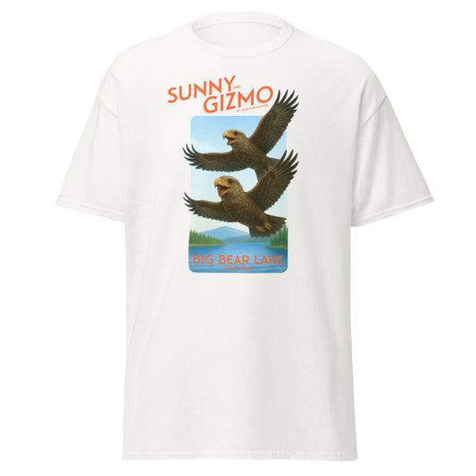 Cotton t shirt featuring a graphic of Sunny and Gizmo, two baby eagles from Big Bear Valley, soaring through the sky on their first flight. Perfect for birdwatchers and fans of the Big Bear eagle cam.