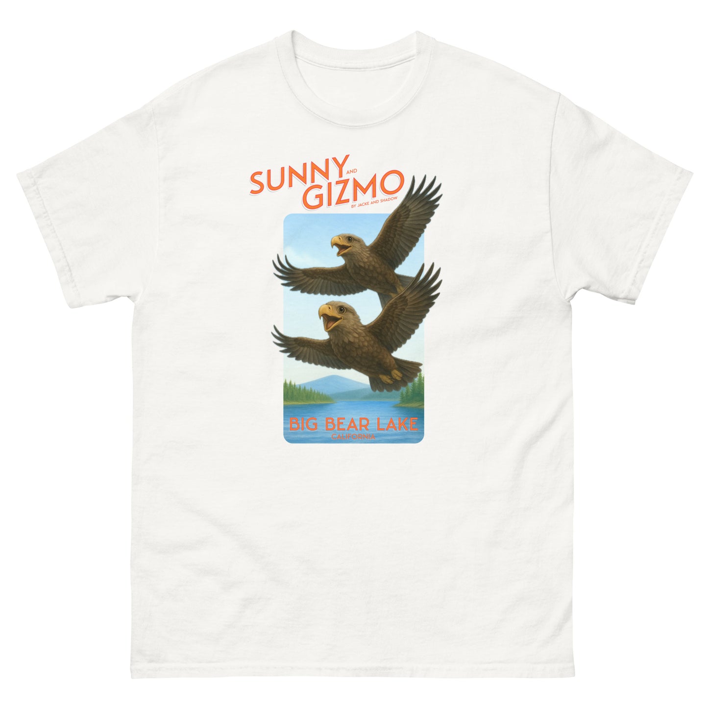 Cotton t shirt featuring a graphic of Sunny and Gizmo, two baby eagles from Big Bear Valley, soaring through the sky on their first flight. Perfect for birdwatchers and fans of the Big Bear eagle cam.