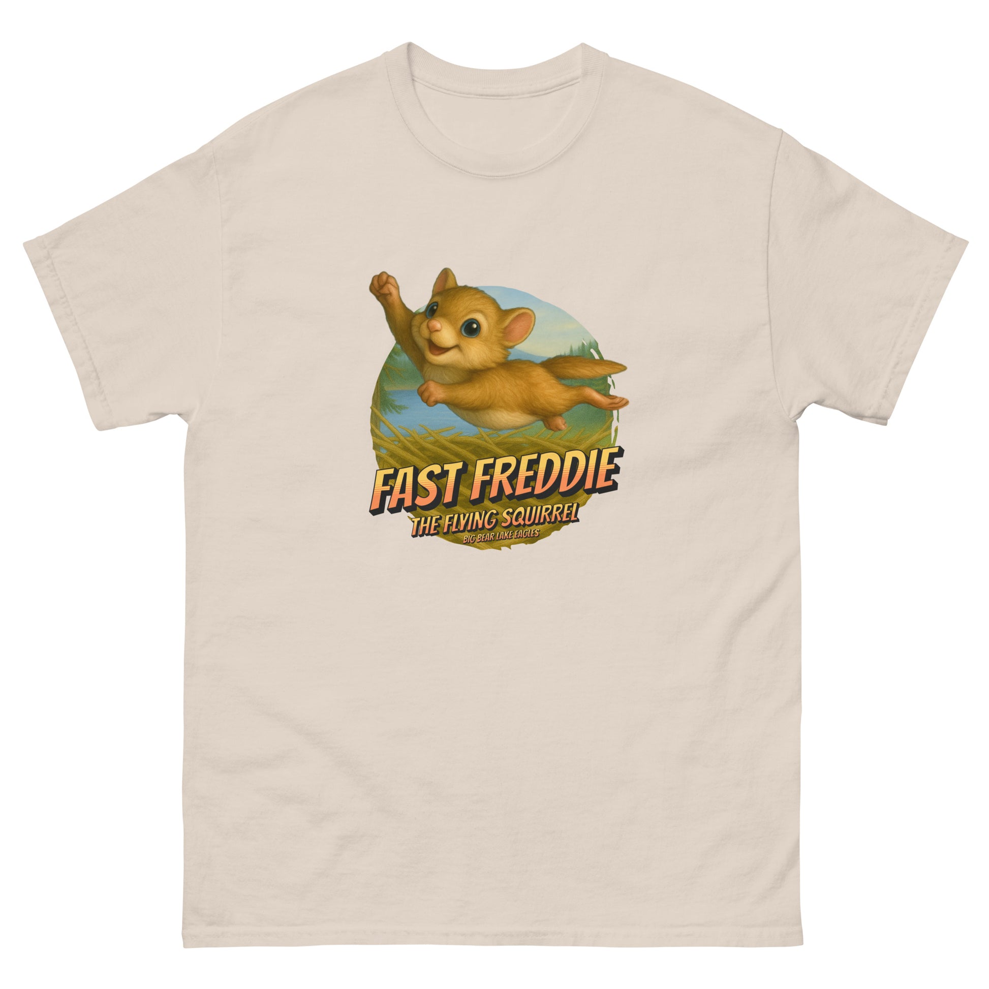 Unisex cotton t-shirt featuring Fast Freddie, the flying squirrel, soaring above Jackie and Shadow’s eagle nest in Big Bear Valley. A playful wildlife-themed design celebrating Fiona’s adventurous brother