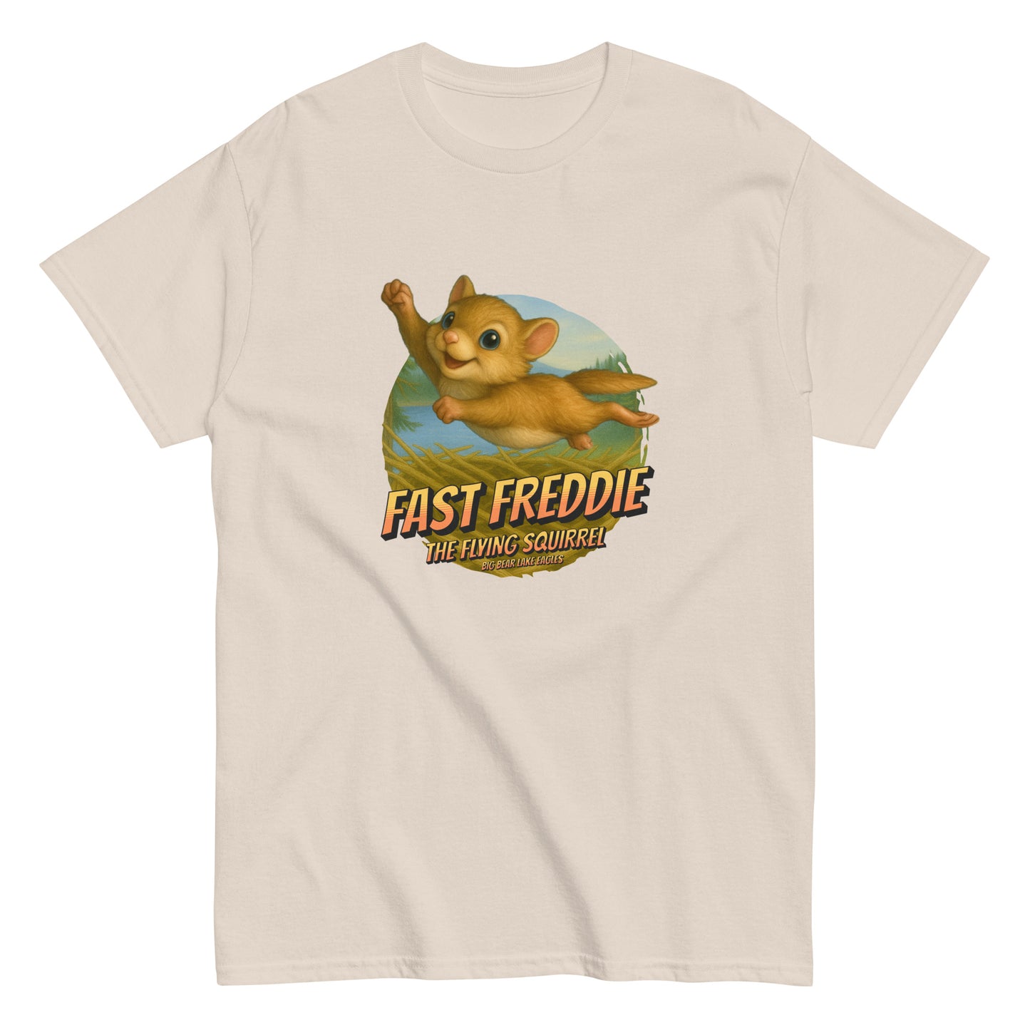 Unisex cotton t-shirt featuring Fast Freddie, the flying squirrel, soaring above Jackie and Shadow’s eagle nest in Big Bear Valley. A playful wildlife-themed design celebrating Fiona’s adventurous brother.