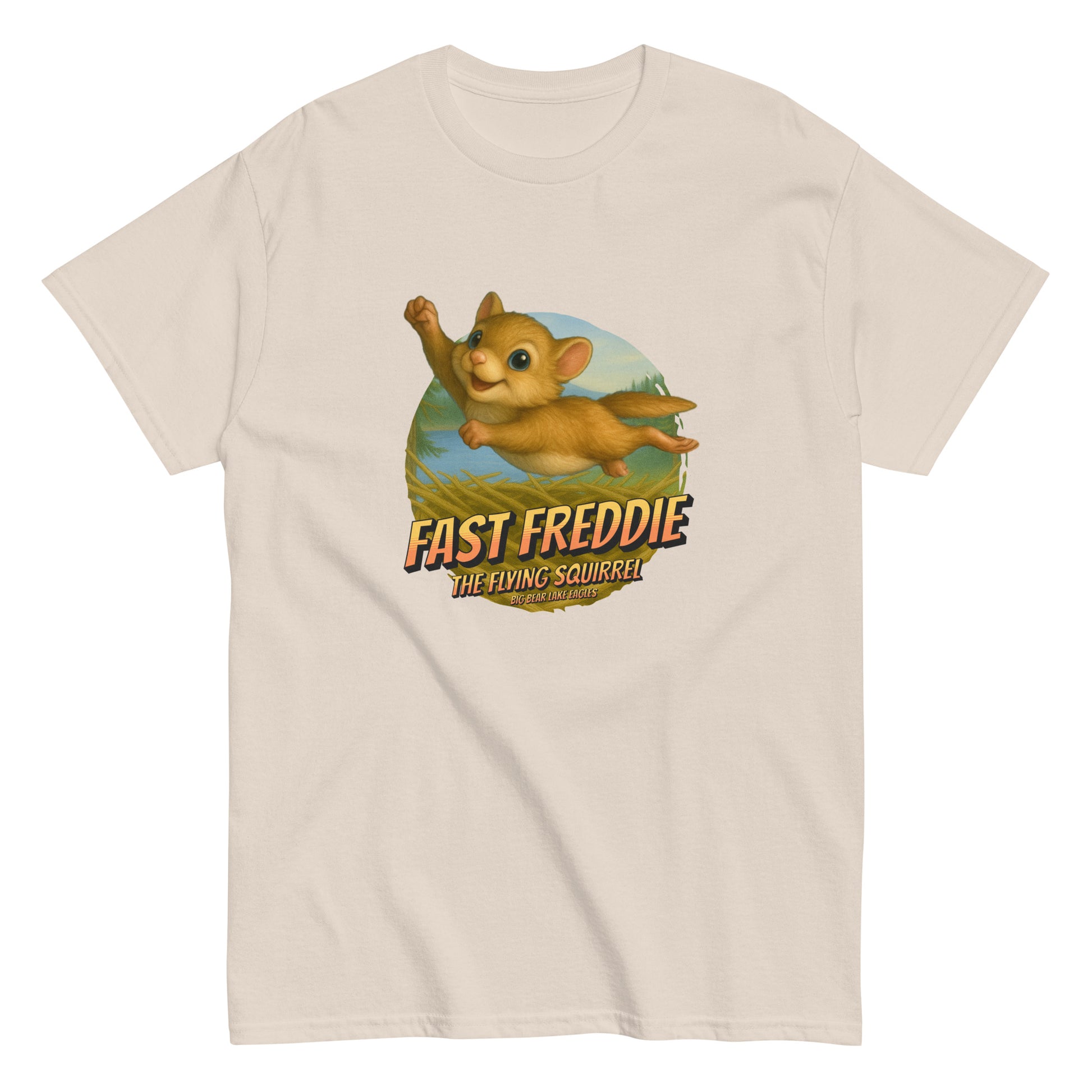 Unisex cotton t-shirt featuring Fast Freddie, the flying squirrel, soaring above Jackie and Shadow’s eagle nest in Big Bear Valley. A playful wildlife-themed design celebrating Fiona’s adventurous brother.