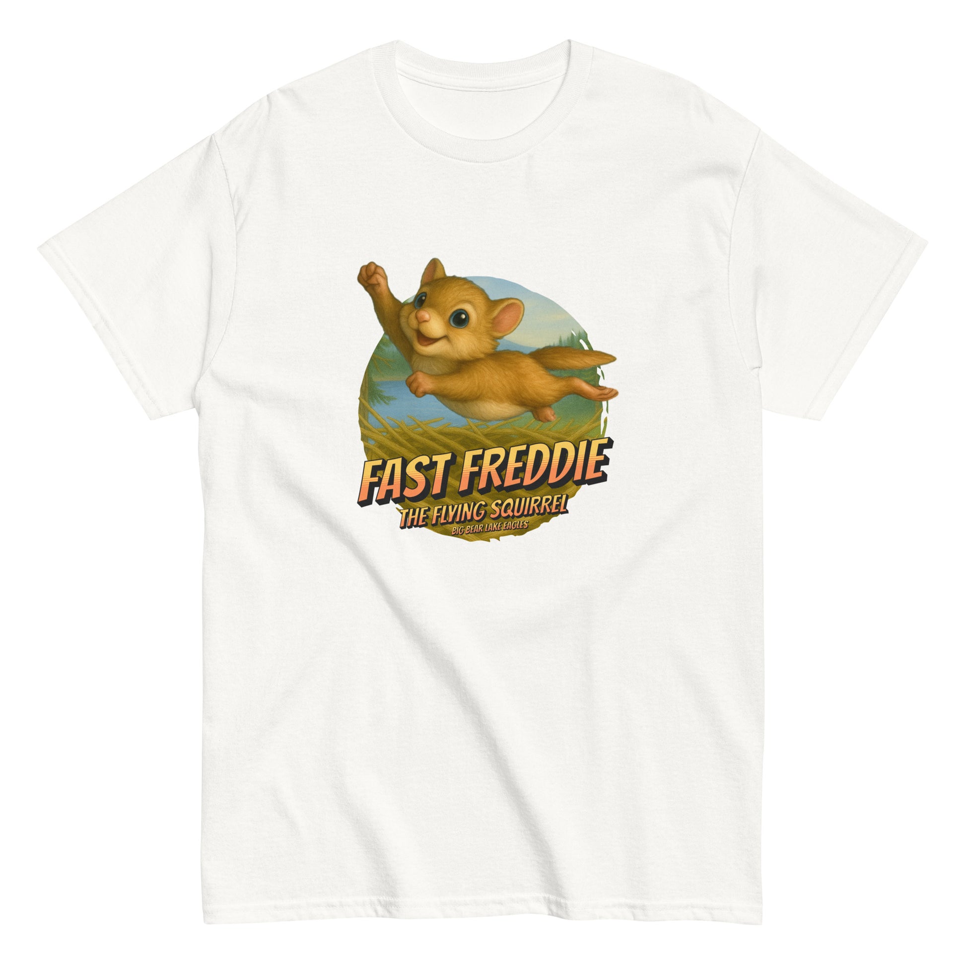 Unisex cotton t-shirt featuring Fast Freddie, the flying squirrel, soaring above Jackie and Shadow’s eagle nest in Big Bear Valley. A playful wildlife-themed design celebrating Fiona’s adventurous brother.