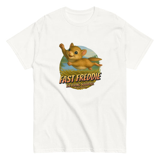 Unisex cotton t-shirt featuring Fast Freddie, the flying squirrel, soaring above Jackie and Shadow’s eagle nest in Big Bear Valley. A playful wildlife-themed design celebrating Fiona’s adventurous brother.
