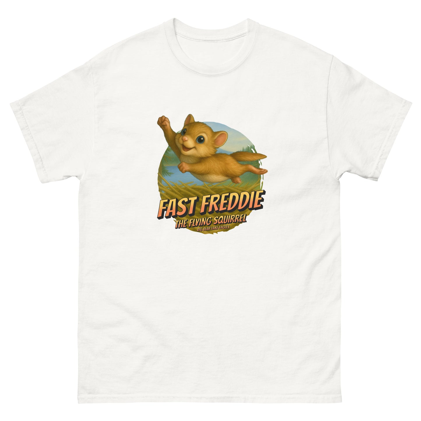 Unisex cotton t-shirt featuring Fast Freddie, the flying squirrel, soaring above Jackie and Shadow’s eagle nest in Big Bear Valley. A playful wildlife-themed design celebrating Fiona’s adventurous brother.