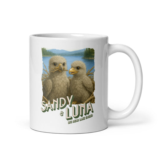 White mug with eagles design of Big Bear Valley's Sandy and Luna text on a white background