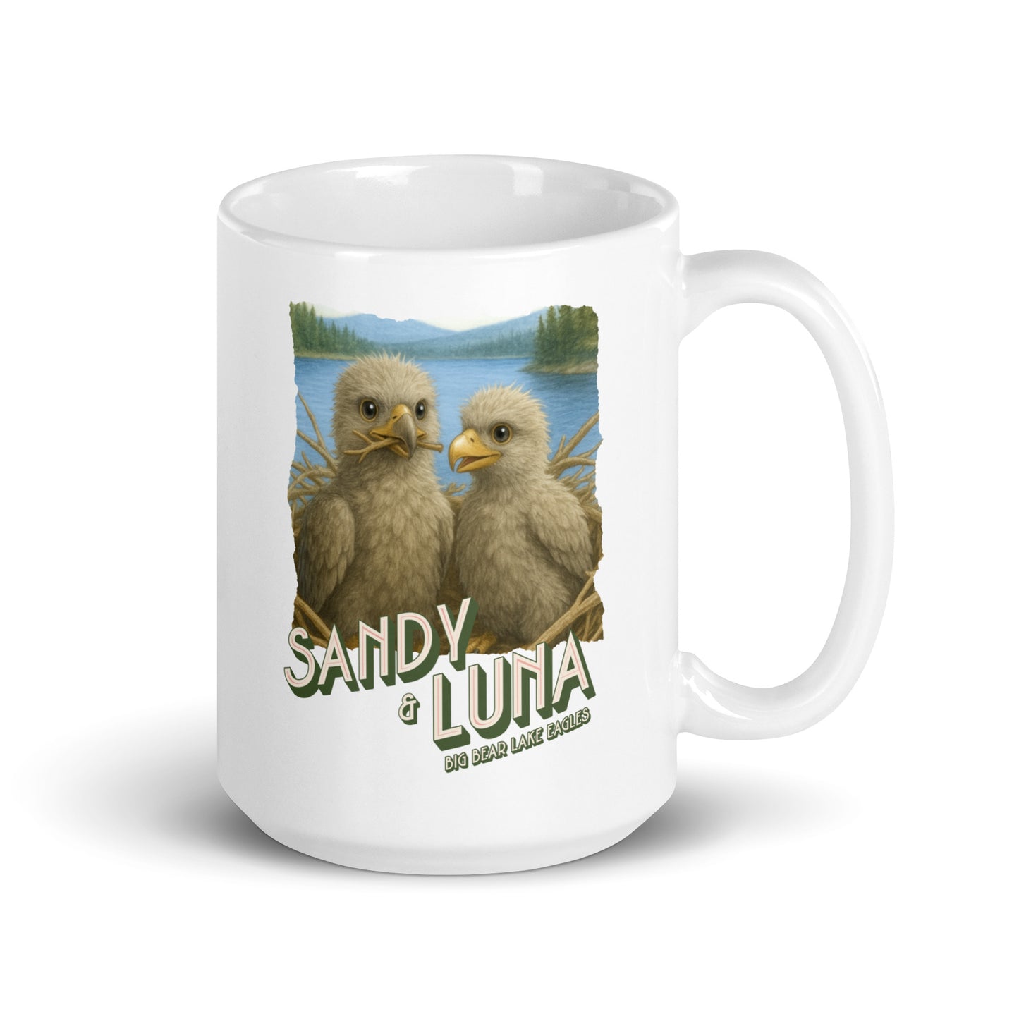 White mug with eagles design of Big Bear Valley's Sandy and Luna text on a white background
