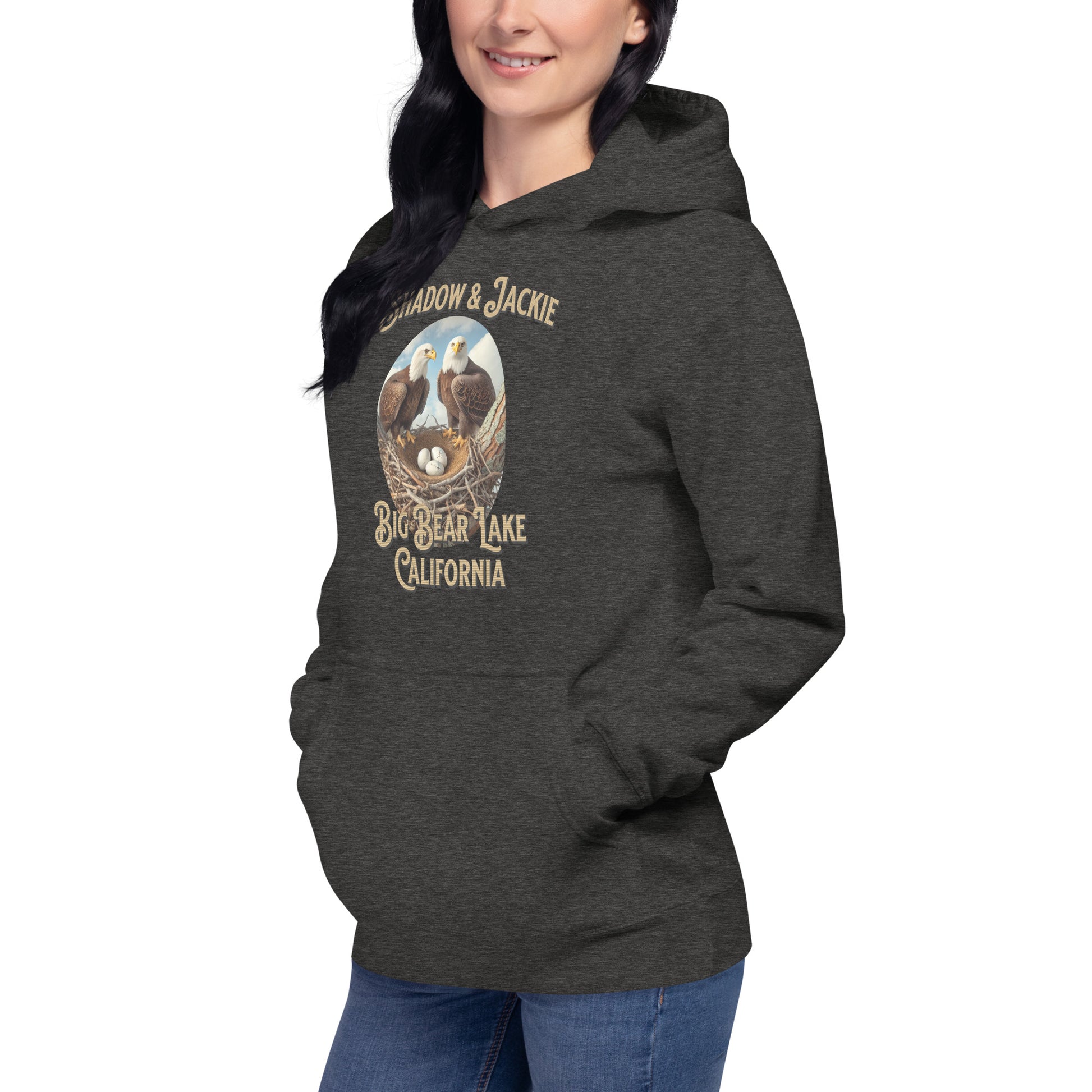 Classic hoodie featuring Jackie and Shadow, the iconic bald eagle pair from Big Bear Lake, with a cozy fit, front pouch pocket, and warm hood—perfect for birdwatchers and eagle fans.