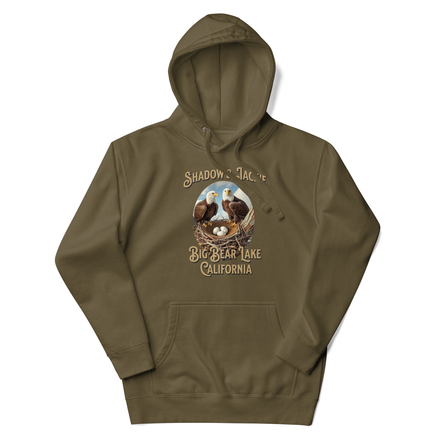 Classic hoodie featuring Jackie and Shadow, the iconic bald eagle pair from Big Bear Lake, with a cozy fit, front pouch pocket, and warm hood—perfect for birdwatchers and eagle fans.