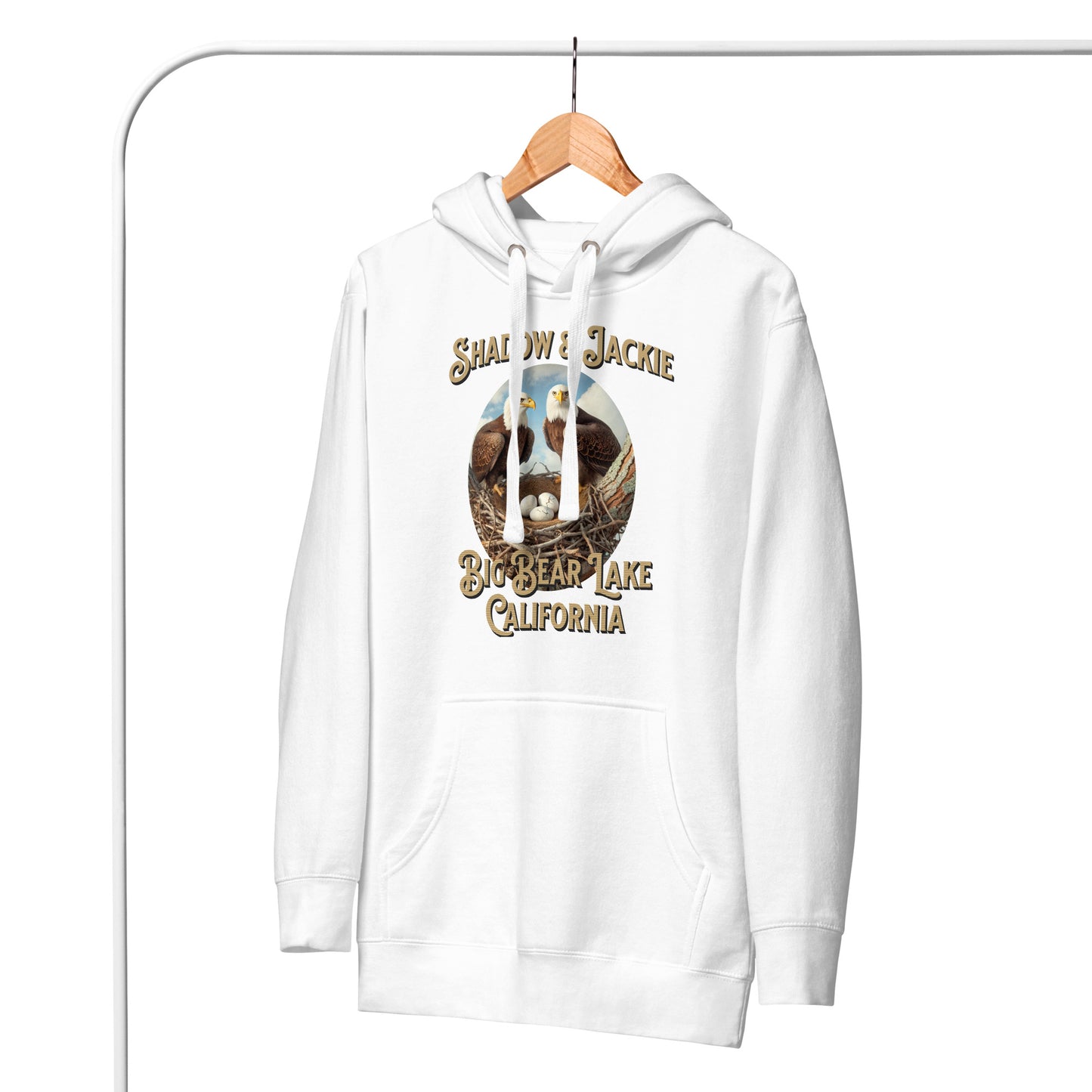Classic hoodie featuring Jackie and Shadow, the iconic bald eagle pair from Big Bear Lake, with a cozy fit, front pouch pocket, and warm hood—perfect for birdwatchers and eagle fans.