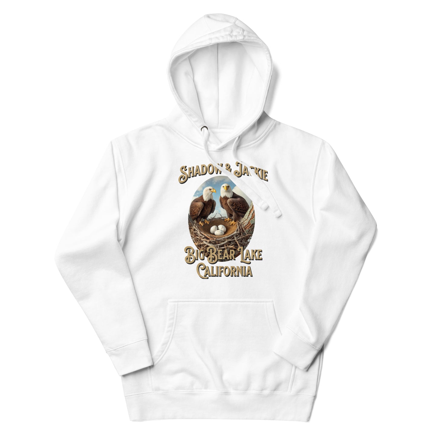 Classic hoodie featuring Jackie and Shadow, the iconic bald eagle pair from Big Bear Lake, with a cozy fit, front pouch pocket, and warm hood—perfect for birdwatchers and eagle fans.