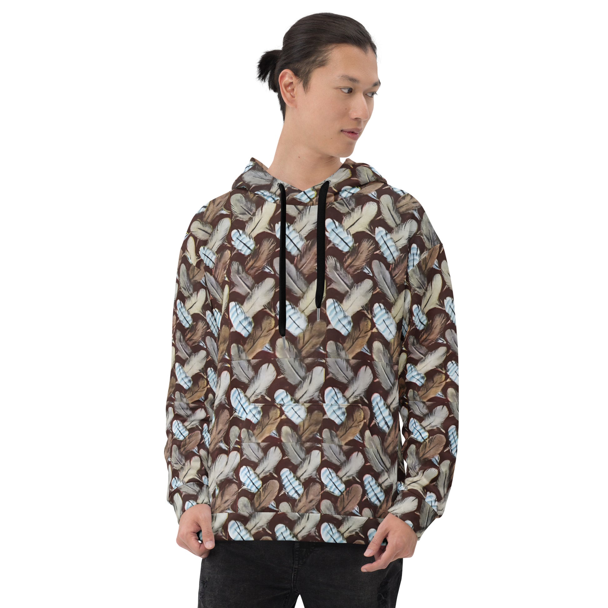 Feather Mark unisex hoodie with all-over feather design, soft fleece interior, inspired by Jackie, Shadow, Sunny, and Gizmo from Big Bear Valley.