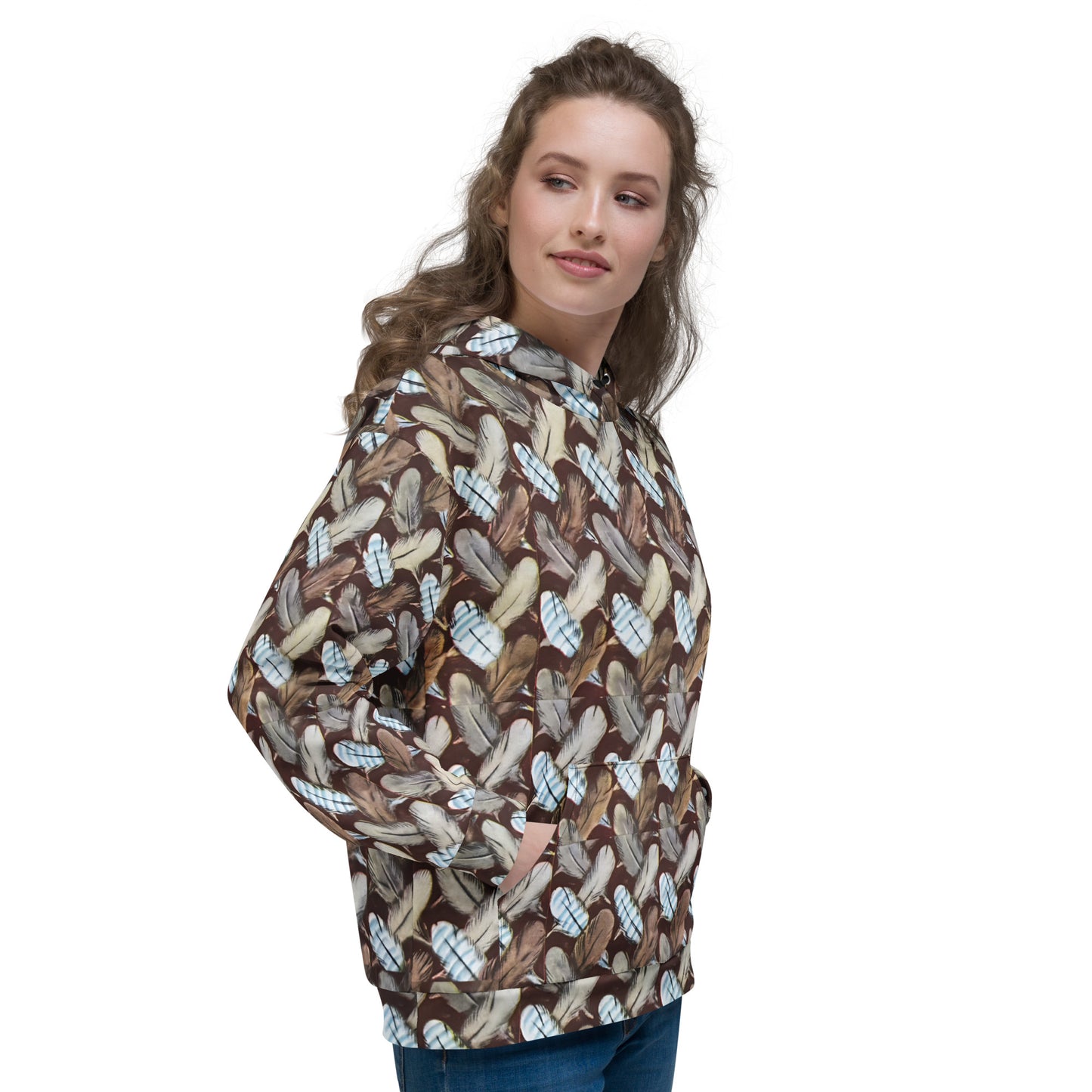 Feather Mark unisex hoodie with all-over feather design, soft fleece interior, inspired by Jackie, Shadow, Sunny, and Gizmo from Big Bear Valley.