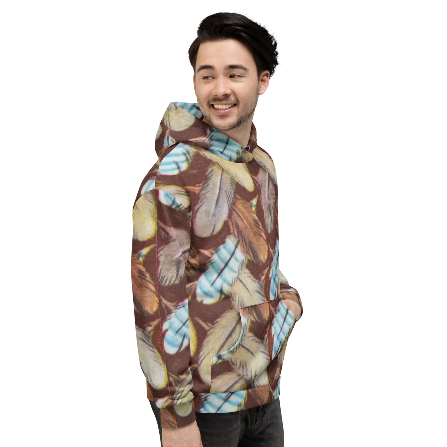 Feather Mark unisex hoodie with all-over feather design, soft fleece interior, inspired by Jackie, Shadow, Sunny, and Gizmo from Big Bear Valley.