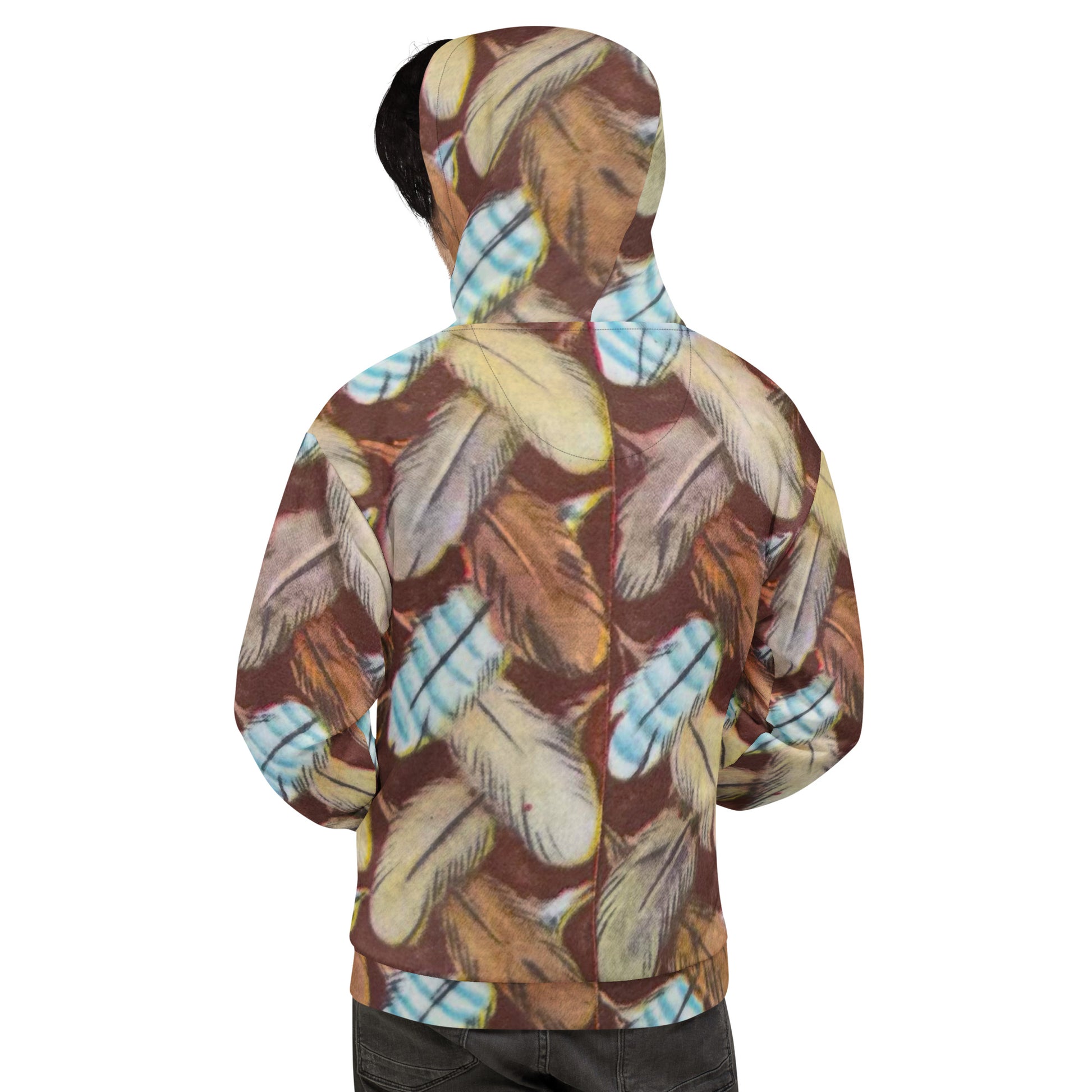 Feather Mark unisex hoodie with all-over feather design, soft fleece interior, inspired by Jackie, Shadow, Sunny, and Gizmo from Big Bear Valley.