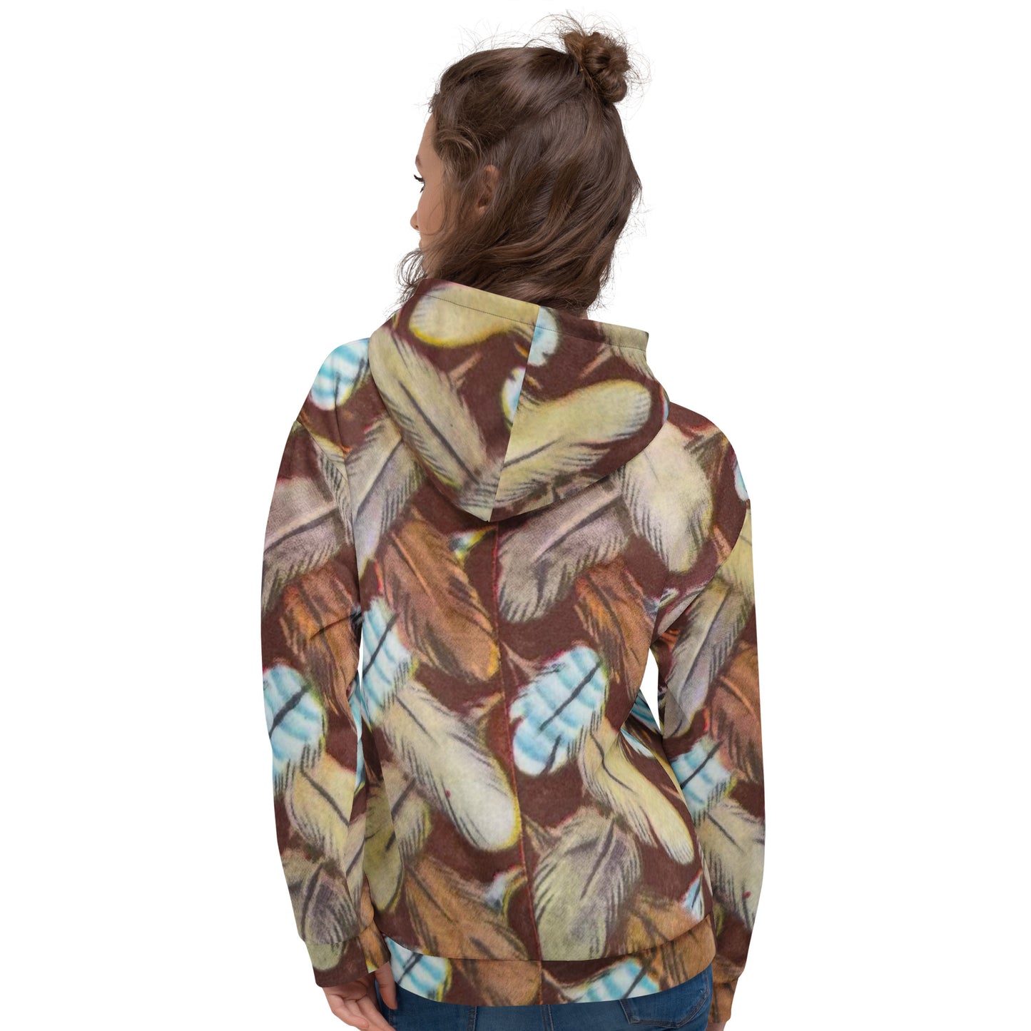 Feather Mark unisex hoodie with all-over feather design, soft fleece interior, inspired by Jackie, Shadow, Sunny, and Gizmo from Big Bear Valley.