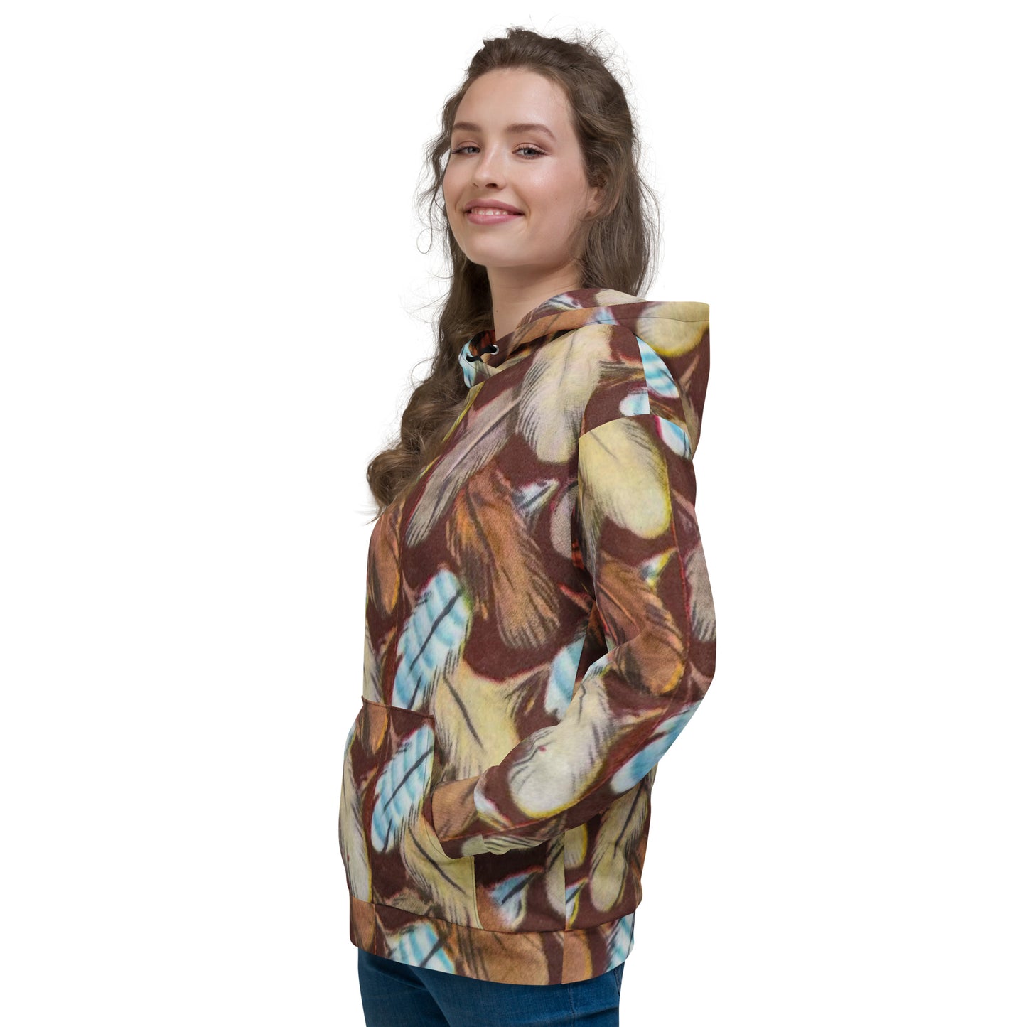 Feather Mark unisex hoodie with all-over feather design, soft fleece interior, inspired by Jackie, Shadow, Sunny, and Gizmo from Big Bear Valley.