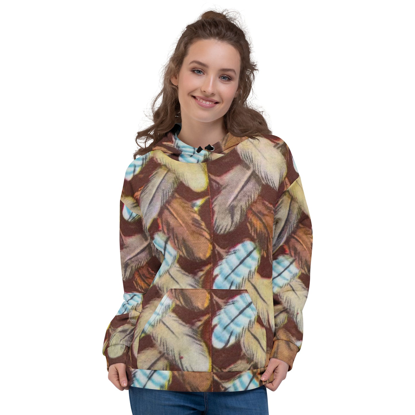 Feather Mark unisex hoodie with all-over feather design, soft fleece interior, inspired by Jackie, Shadow, Sunny, and Gizmo from Big Bear Valley.