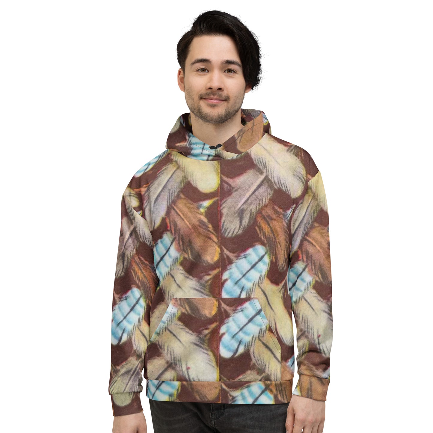 Feather Mark unisex hoodie with all-over feather design, soft fleece interior, inspired by Jackie, Shadow, Sunny, and Gizmo from Big Bear Valley.