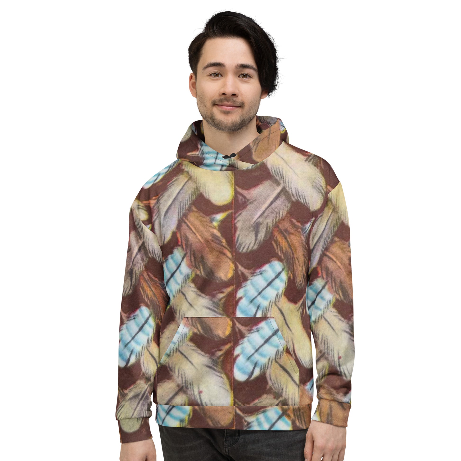 Feather Mark unisex hoodie with all-over feather design, soft fleece interior, inspired by Jackie, Shadow, Sunny, and Gizmo from Big Bear Valley.