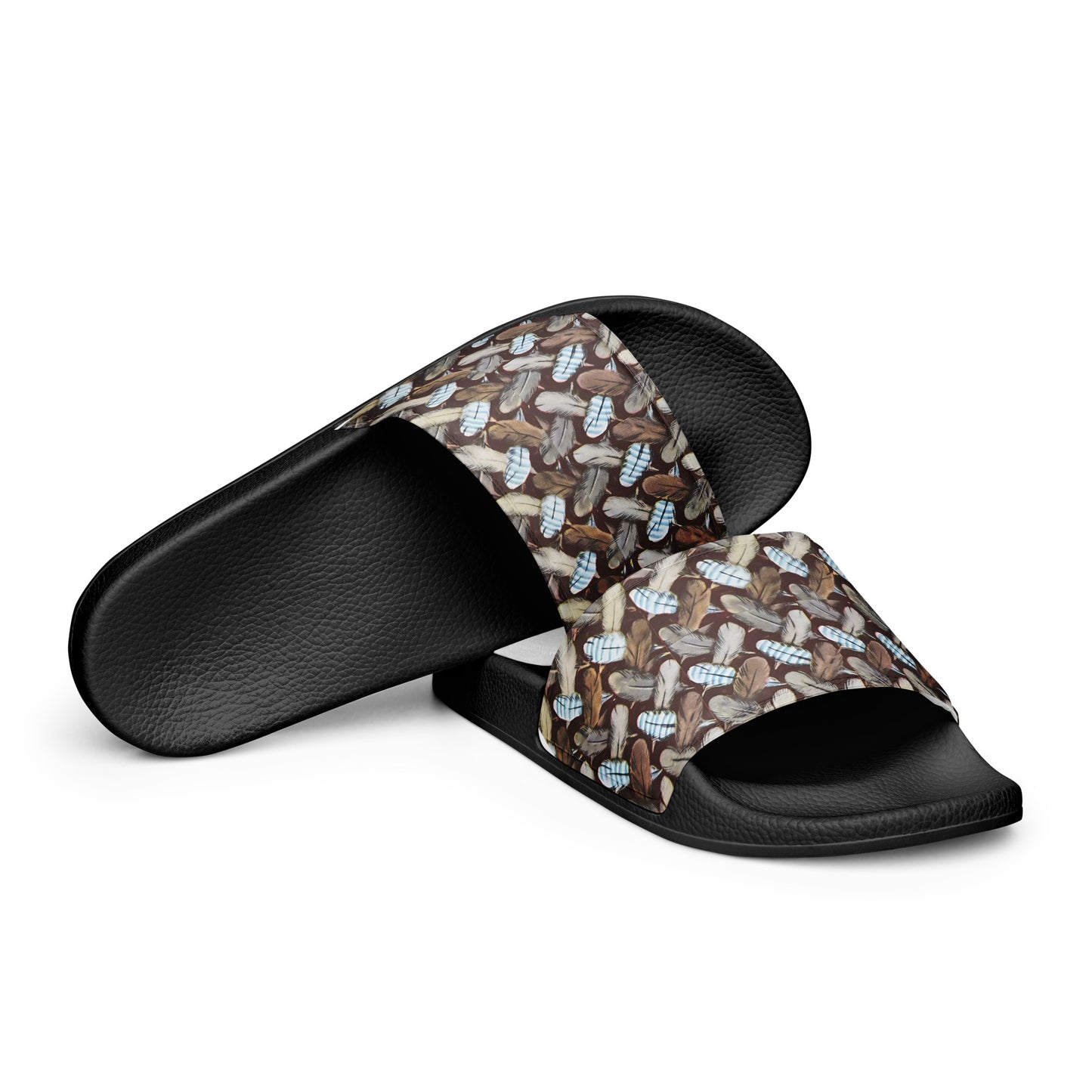 Big Bear Lake Eagles FeatherMark slide sandals with Featehr patterned straps on a white background